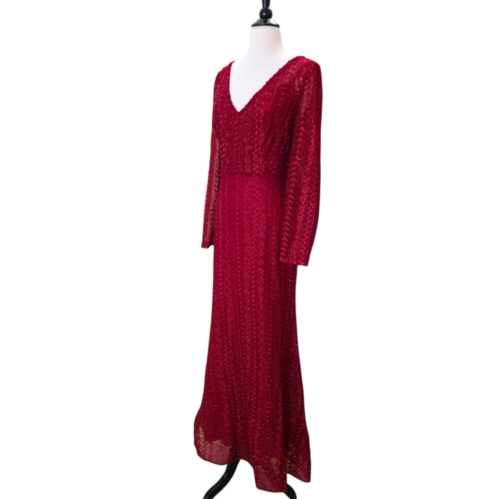 Mac Duggal Dress 12 Red Formal 20271 Embellished Long Sleeve Burgundy Gown - Picture 8 of 12